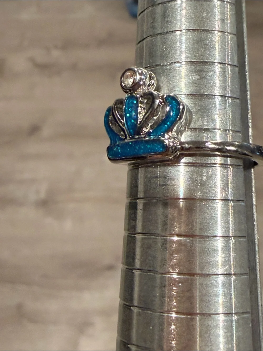 Silver Crown Ring with Teal Blue Enamel accent size 9
